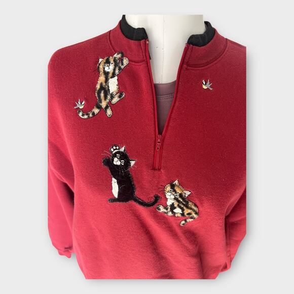 Vintage Top Stitch Cat 3/4 zip Sweatshirt Women's Large L Red Grandmacore 90s - Picture 2 of 9